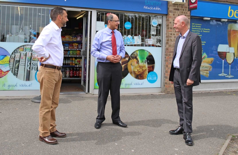 Socially distanced – Sawtry County Councillor Simon Bywater, Shailesh Vara, MP for North East Cambridgeshire, and Darryl Preston, the Conservative candidate for the 2021 Cambridgeshire and Peterborough Police and Crime Commissioner election.  They are outside Sawtry post office.