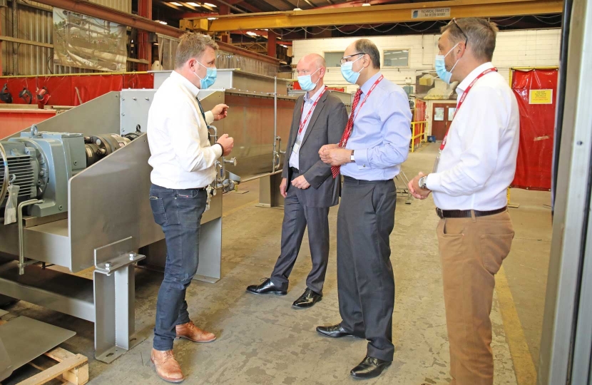 Inside Sawtry based Spirotech – Russell Gadsby showed Darryl Preston, the Conservative candidate for the 2021 Cambridgeshire and Peterborough Police and Crime Commissioner election, Shailesh Vara, MP for North East Cambridgeshire and Sawtry County Councillor Simon Bywater around the factory.  The company designs and manufactures conveying systems and pressure vessels, exporting them all round the world.
