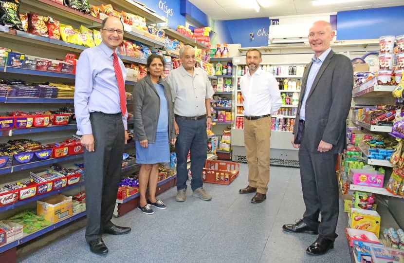 Before masks were mandatory in shops – Shailesh Vara, MP for North East Cambridgeshire, Mrs Jayshree and Mr Vinodray Dattani, who run the Sawtry Newscabin, Sawtry County Councillor Simon Bywater and Darryl Preston, the Conservative candidate for the 2021 Cambridgeshire and Peterborough Police and Crime Commissioner election.