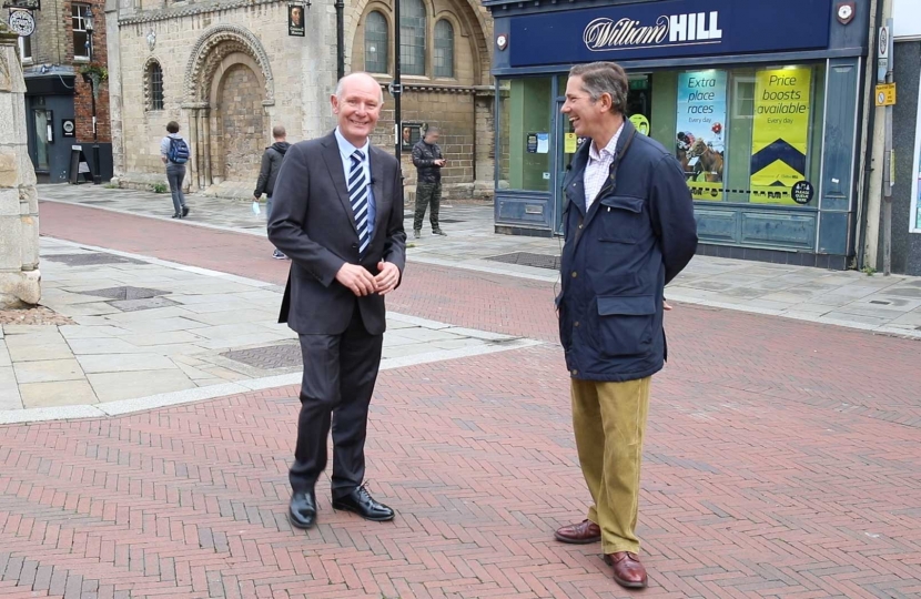 Jonathan Djanogly MP for Huntingdon near the Cromwell Museum in Huntingdon with Darryl Preston, Conservative candidate in the Cambridgeshire and Peterborough Police and Crime Commissioner election in May 2021.