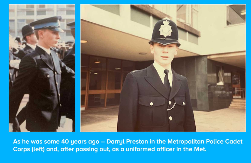 As he was some 40 years ago – Darryl Preston in the Metropolitan Police Cadet Corps (left) and after passing out as a uniformed officer in the Met.