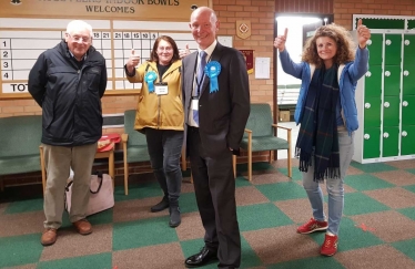 Darryl Preston with some of his key team members (Chris Philips, Debbie Clark (agent) and Lina Pacheco) after winning the 2021 PCC election for Cambridgeshire and Peterborough.